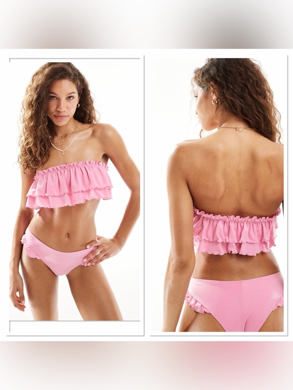 Monki Ruffle Frills Bandeau Bikini Top in Pink - Size M (NWT)